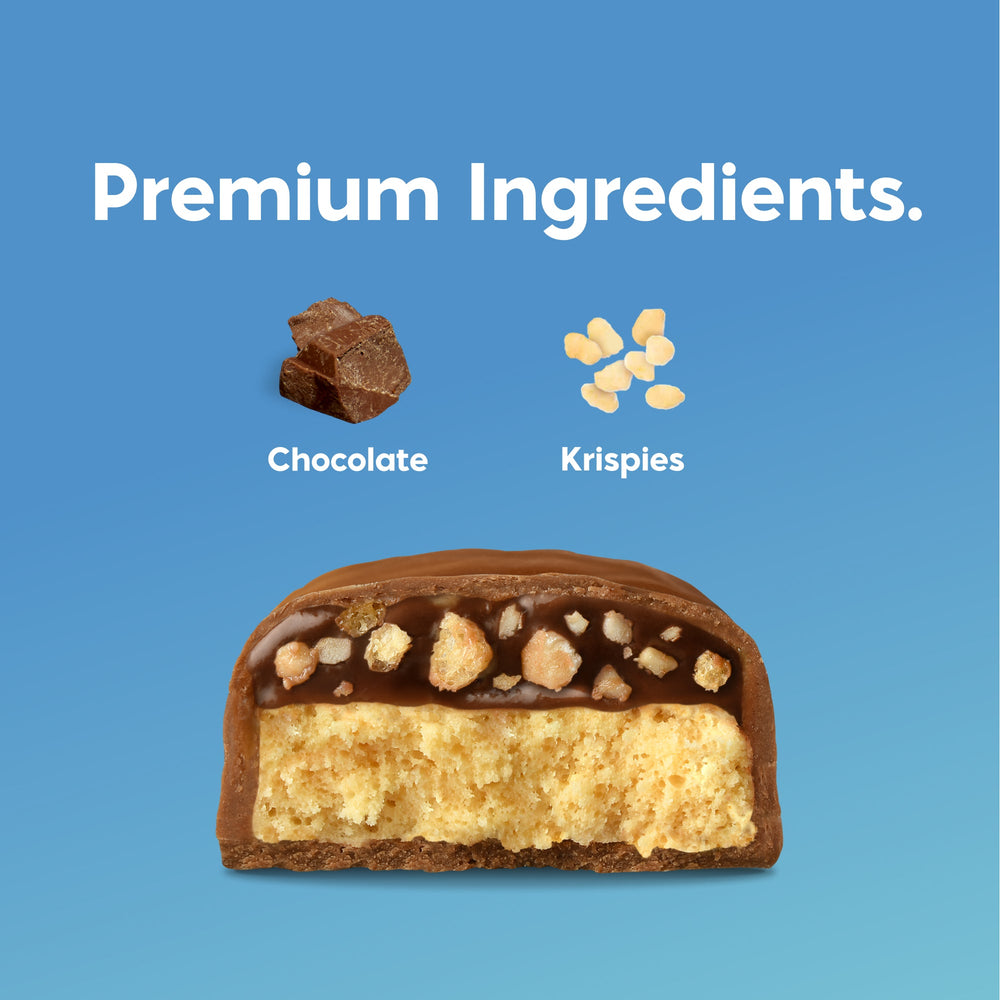 Nick's bars contain premium ingredients, this one chocolate and krispy pieces of crunch.