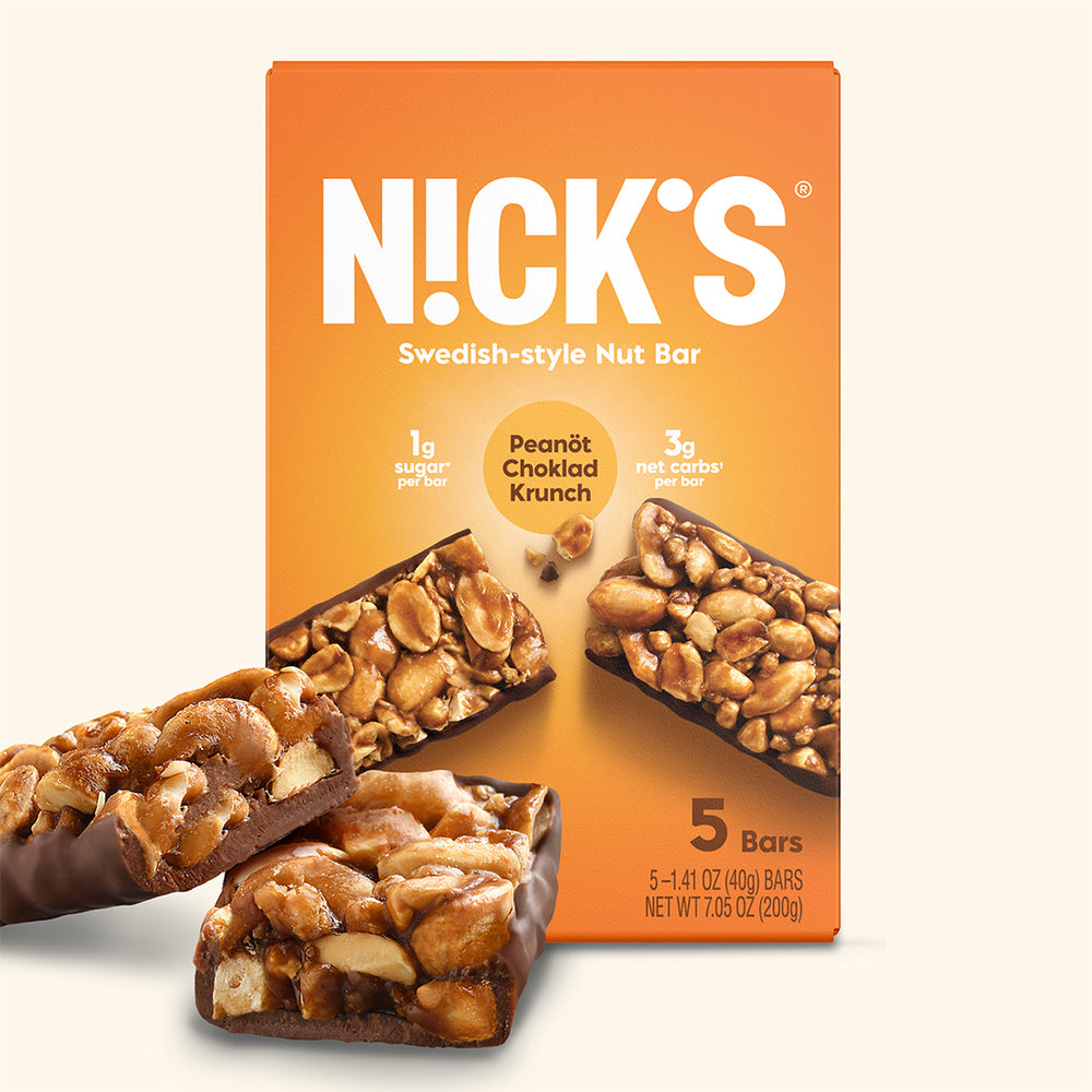 Nick’s bar packaging showing Peanut Choklad Krunch 5 pack