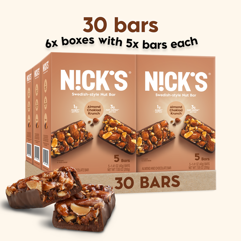 Nick’s bar packaging showing  Almond Choklad Krunch