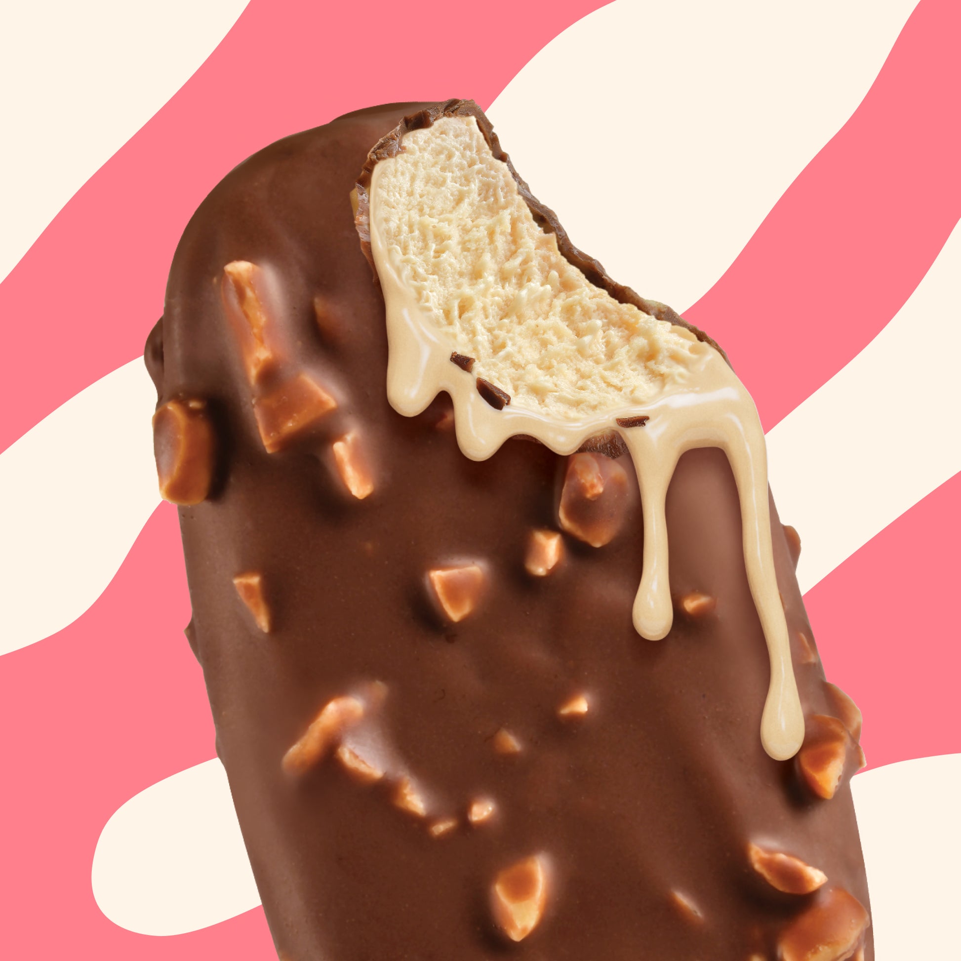 Extreme close-up of a partially eaten N!CK'S Peanut Chocolate Ice Cream Bar, showing vanilla-flavored light ice cream and a thick chocolate coating studded with chopped peanuts.