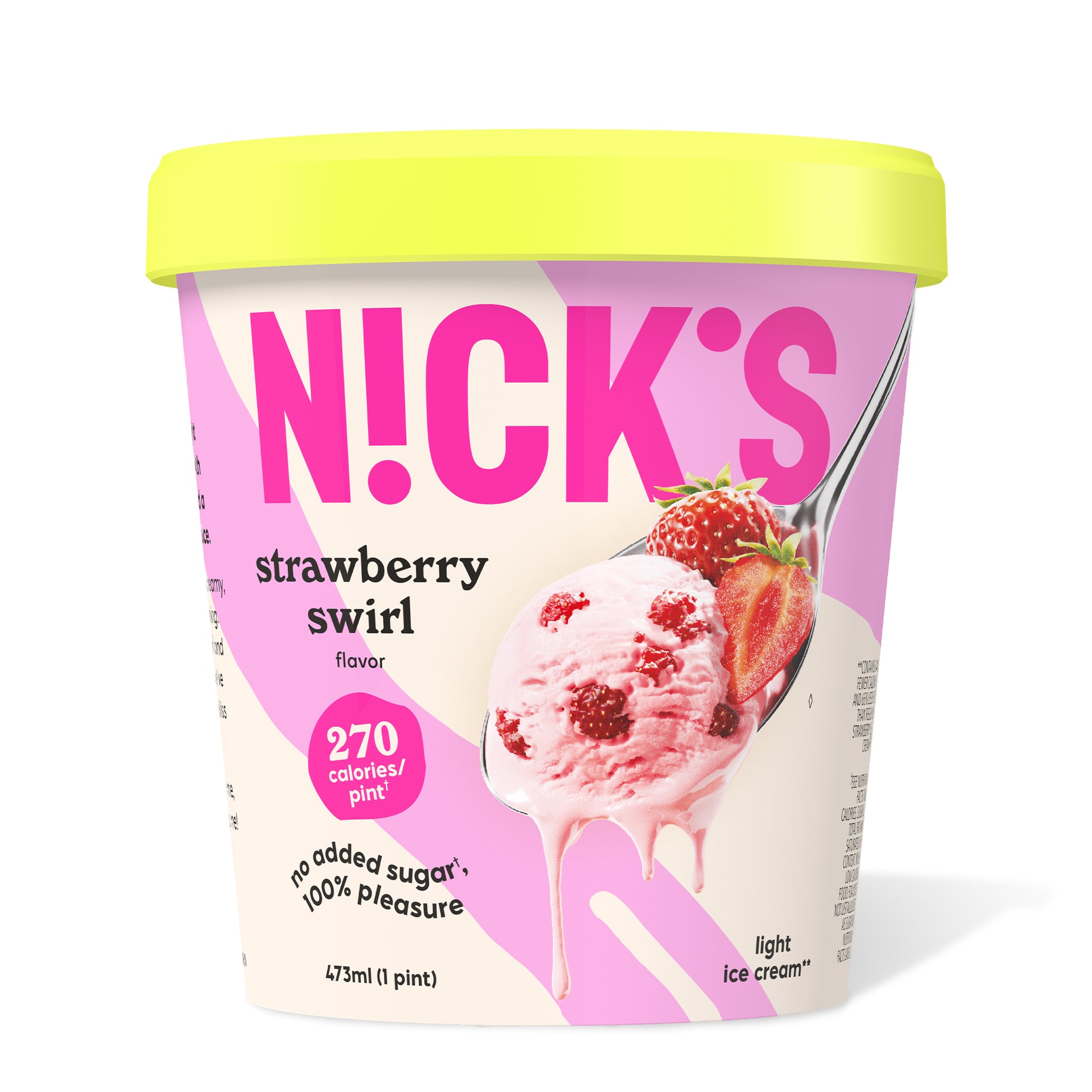Pint of N!CK'S Strawberry Swirl light ice cream. The label highlights 'no added sugar' and '270 calories/pint'. A spoon holds a scoop of pink ice cream with visible strawberry pieces.