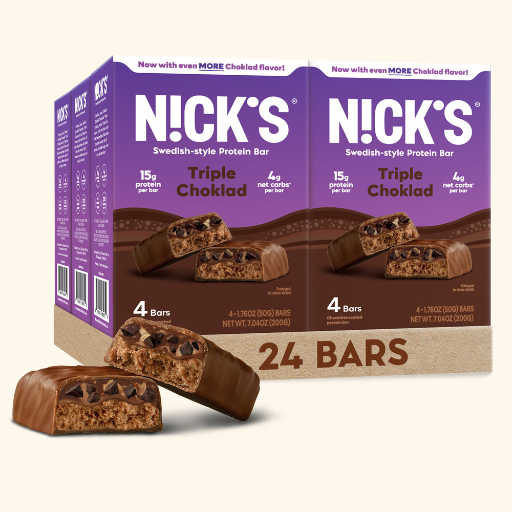 Nick’s bar packaging showing Triple Choklad Protein bar 24 pack