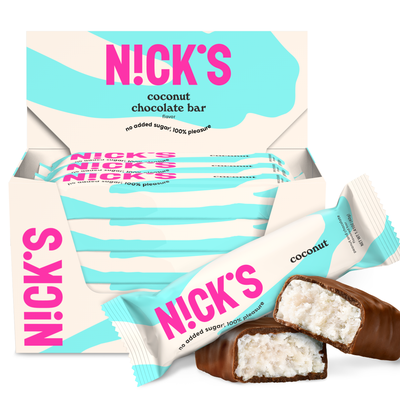 Box of N!CK'S Coconut Candy Bars, 15 count, labeled 'keto friendly' and 'no added sugar'.