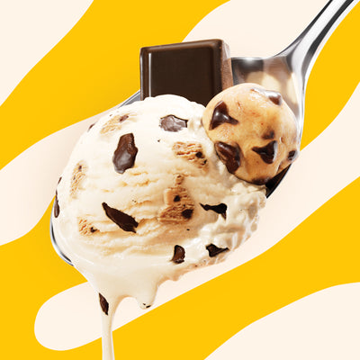 Pint of N!CK'S Chocolate Chip Cookie Dough light ice cream. The label highlights 'no added sugar' and '390 calories/pint'. A spoon holds a scoop of vanilla ice cream with chocolate chips and cookie dough pieces.