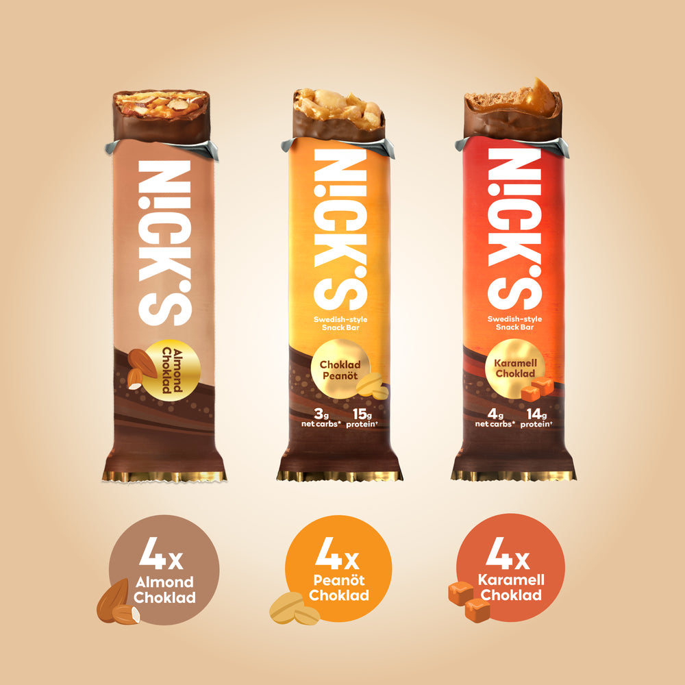 Our variety pack contains 4 bars of Almond chocklad, Peanut Choklad and Karamell Choklad.