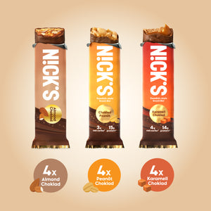 Our variety pack contains 4 bars of Almond chocklad, Peanut Choklad and Karamell Choklad.