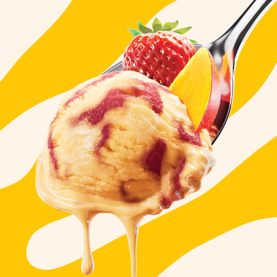 Pint container of N!CK'S Mango Strawberry light ice cream, labeled 'keto friendly' and 'no added sugar'.