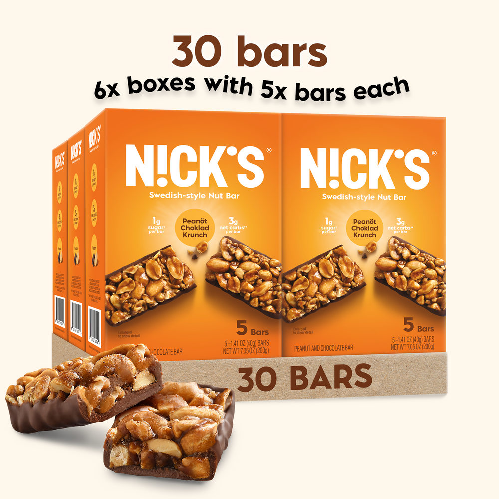 Nick’s bar packaging showing Peanut Choklad Krunch 30 pack