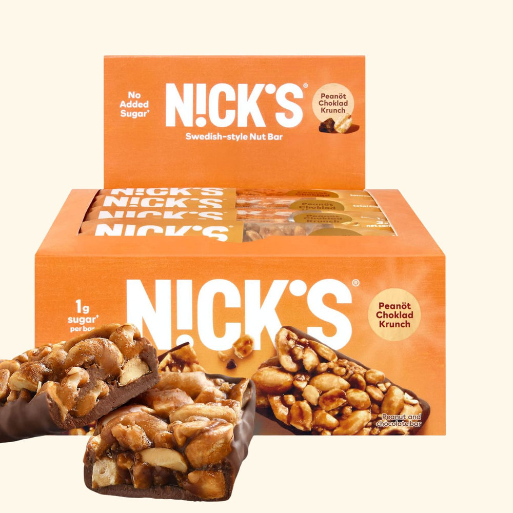 Nick’s bar packaging showing Peanut Choklad Krunch 12 pack