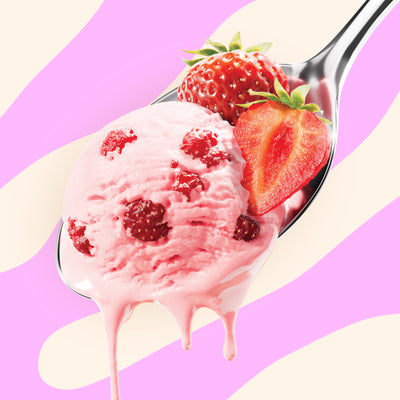 Pint of N!CK'S Strawberry Swirl light ice cream. The label highlights 'no added sugar' and '270 calories/pint'. A spoon holds a scoop of pink ice cream with visible strawberry pieces.