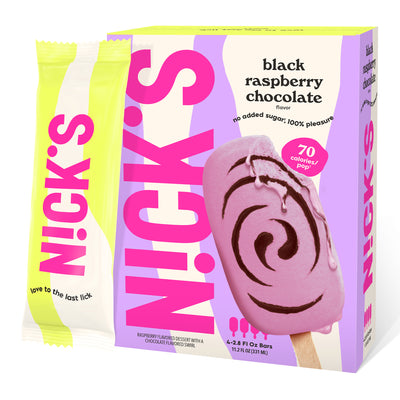 Box of N!CK'S Black Raspberry Chocolate ice cream bars (4-pack), labeled 'keto friendly' and 'no added sugar', with an unwrapped bars in front.