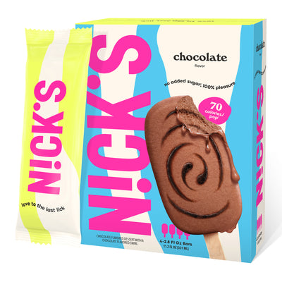N!CK'S Chocolate flavored Ice Cream Bar (4-pack box). The packaging highlights 'no added sugar' and '70 calories/pop' for this keto-friendly frozen dessert.