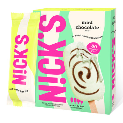 N!CK'S Mint Chocolate Ice Cream Bar (4-pack box). The unwrapped bar shows mint ice cream with a chocolate swirl. Highlights 'no added sugar' and '80 calories/pop' for this frozen dessert.