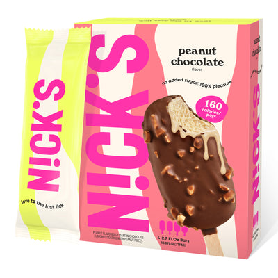 N!CK'S Peanut Chocolate Ice Cream Bar (4-pack box). The unwrapped bar shows vanilla/peanut ice cream coated in crunchy, peanut-filled chocolate. Highlights 'no added sugar' and '160 calories/pop' for a keto-friendly frozen novelty.