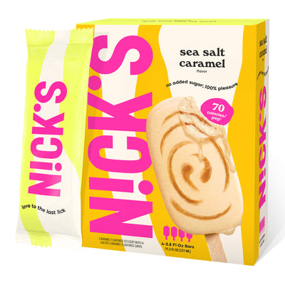 N!CK'S Sea Salt Caramel Ice Cream Bar (4-pack box). The unwrapped bar shows caramel ice cream with a salted caramel swirl. Highlights 'no added sugar' and '70 calories/pop' for this keto-friendly frozen dessert.