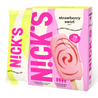 N!CK'S Strawberry Swirl Ice Cream Bar (4-pack box). The unwrapped bar shows pink strawberry ice cream with a red strawberry swirl. Highlights 'no added sugar' and '70 calories/pop' for this keto-friendly frozen dessert.