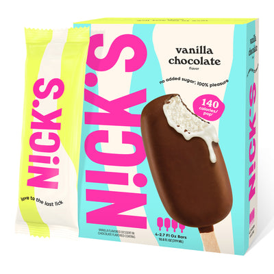 N!CK'S Vanilla Chocolate Ice Cream Bar (4-pack box). The unwrapped bar shows vanilla ice cream coated in chocolate. Highlights 'no added sugar' and '140 calories/pop' for a keto-friendly frozen novelty.