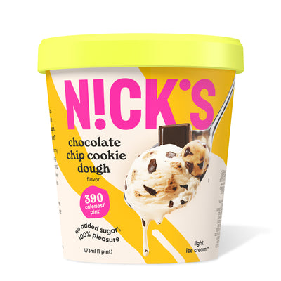 Pint of N!CK'S Chocolate Chip Cookie Dough light ice cream. The label highlights 'no added sugar' and '390 calories/pint'. A spoon holds a scoop of vanilla ice cream with chocolate chips and cookie dough pieces.
