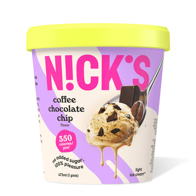 Pint of N!CK'S Coffee Chocolate Chip light ice cream. The label highlights 'no added sugar' and '350 calories/pint'. A spoon holds a scoop of coffee ice cream with chocolate chips.