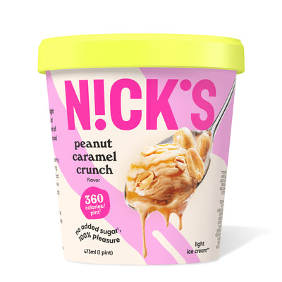 Pint of N!CK'S Peanut Caramel Crunch light ice cream. The label highlights 'no added sugar' and '360 calories/pint'. A spoon holds a scoop of caramel ice cream with peanuts and a caramel swirl.