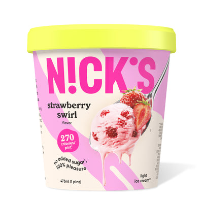 Pint of N!CK'S Strawberry Swirl light ice cream. The label highlights 'no added sugar' and '270 calories/pint'. A spoon holds a scoop of pink ice cream with visible strawberry pieces.