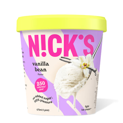 Pint of N!CK'S Vanilla Bean light ice cream. The label highlights 'no added sugar' and '250 calories/pint'. A spoon holds a scoop of vanilla ice cream with visible bean specks and a vanilla flower garnish.