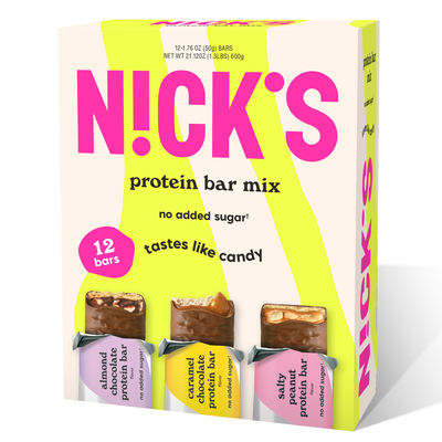 Box of N!CK'S Protein Bar Variety Mix (12-count), featuring Almond Chocolate, Salty Peanut, and Caramel Chocolate flavors, labeled 'keto friendly' and 'no added sugar'.