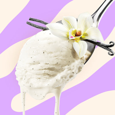 Pint of N!CK'S Vanilla Bean light ice cream. The label highlights 'no added sugar' and '250 calories/pint'. A spoon holds a scoop of vanilla ice cream with visible bean specks and a vanilla flower garnish.