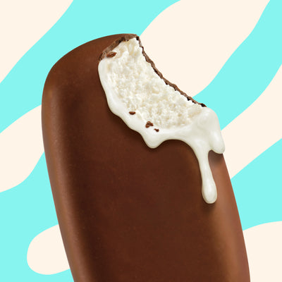 N!CK'S Vanilla Chocolate Ice Cream Bar (4-pack box). The unwrapped bar shows vanilla ice cream coated in chocolate. Highlights 'no added sugar' and '140 calories/pop' for a keto-friendly frozen novelty.
