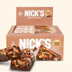 Nick’s bar packaging showing  Almond Choklad Krunch