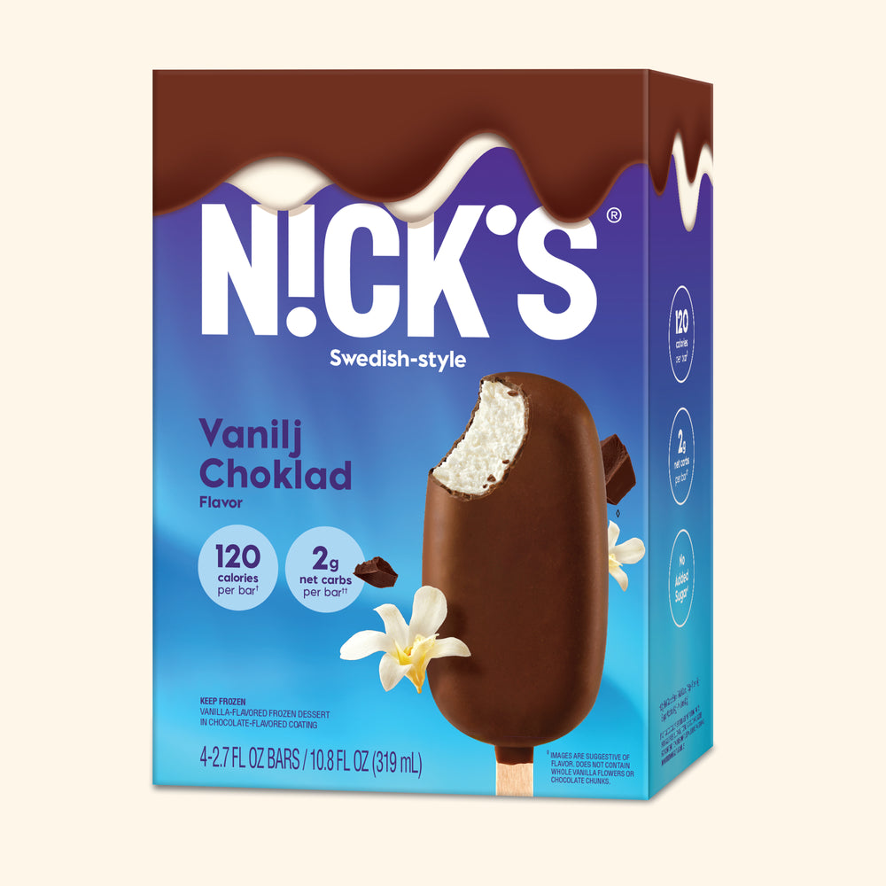 Nick’s ice cream bar packaging showing Vanilla Choklad